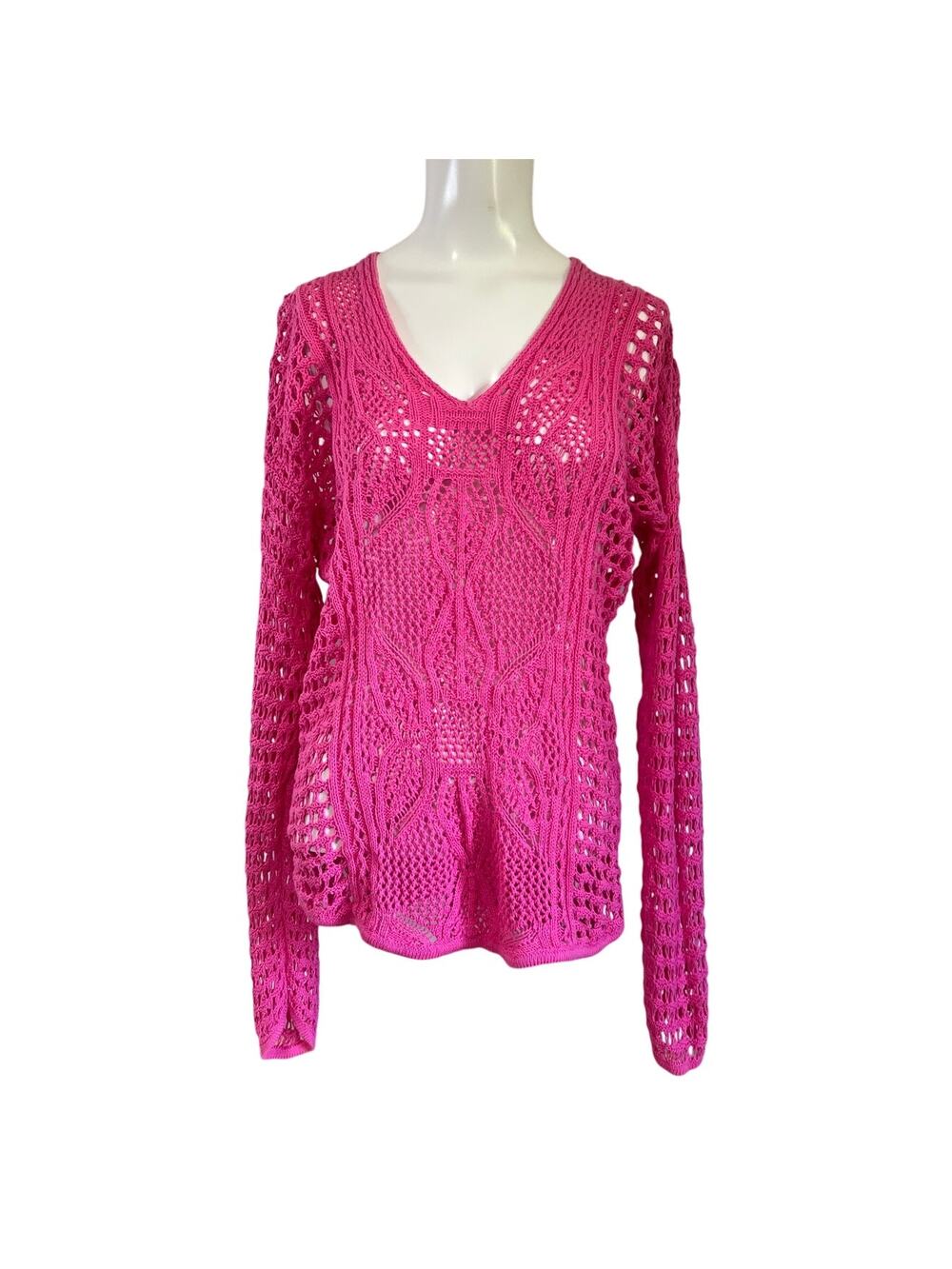 Cotton Crochet Top Magenta Pink Long Sleeve Size Large Boho Festival